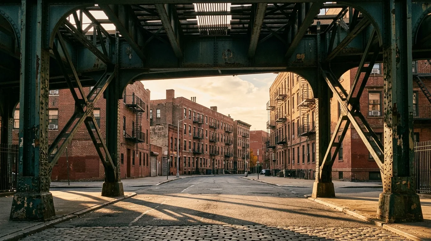 View beneath a riveted green steel elevated subway trestle in Brooklyn looking toward red-brick apartment buildings