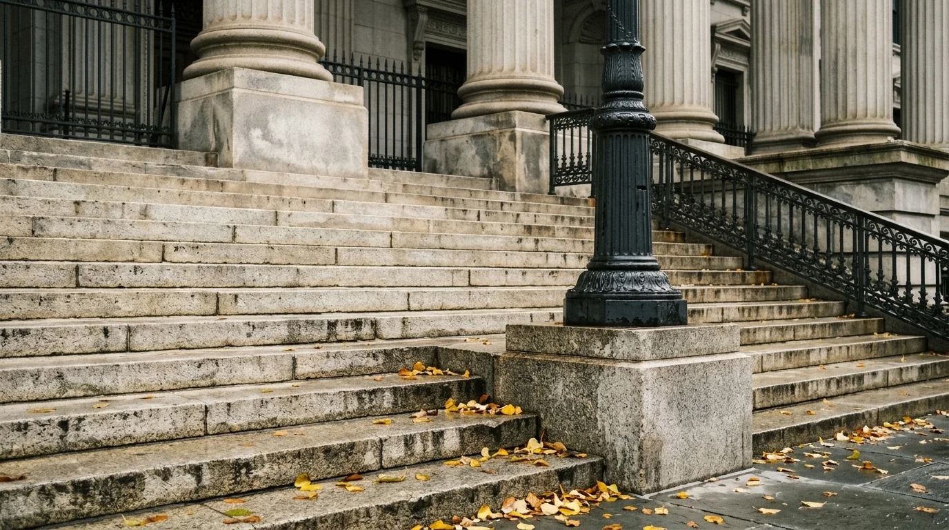 Weathered granite and limestone steps and a fluted cast-iron lamppost outside a neoclassical civic building in lower Manhattan
