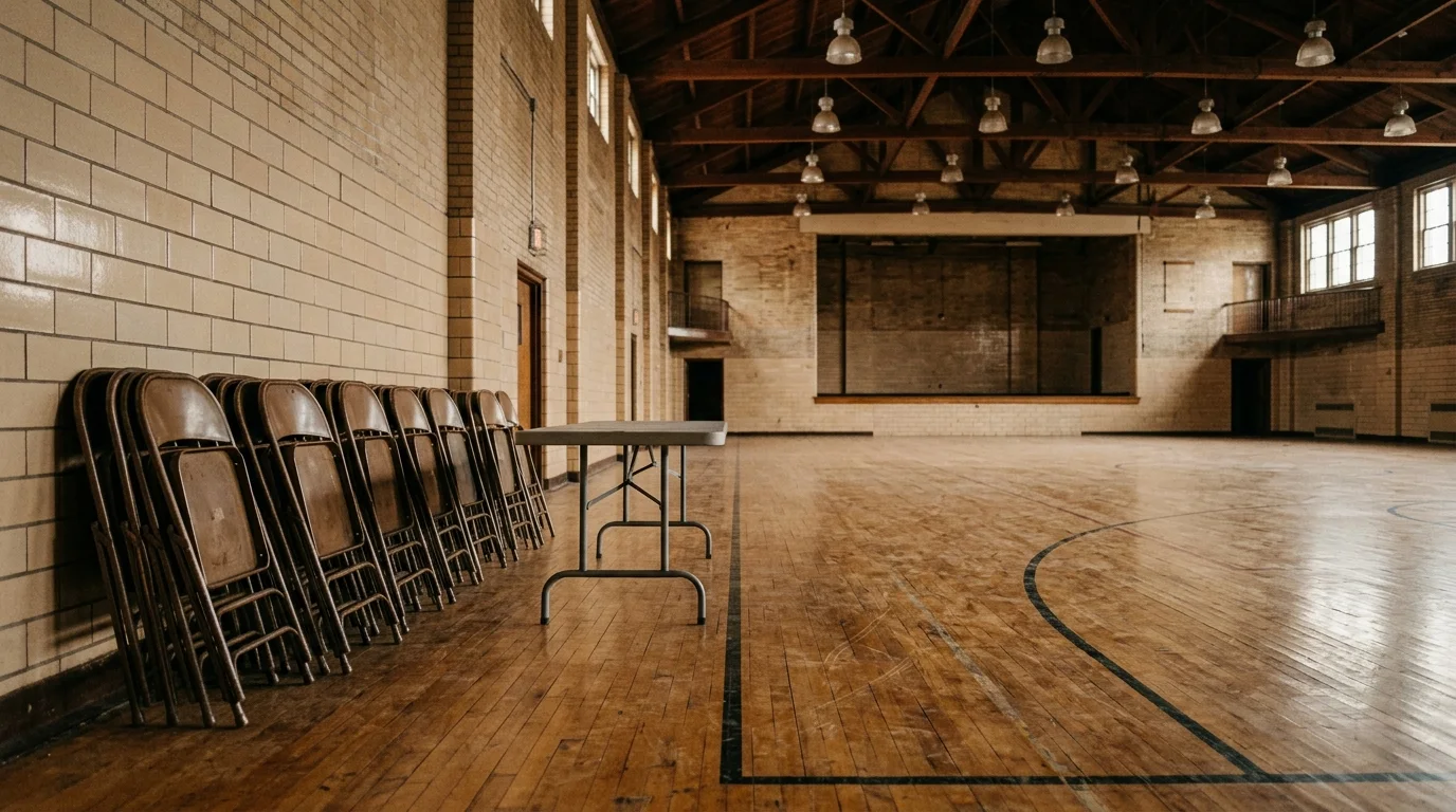 Empty public school gymnasium with maple hardwood court floor, stacked metal folding chairs, and a grey metal table