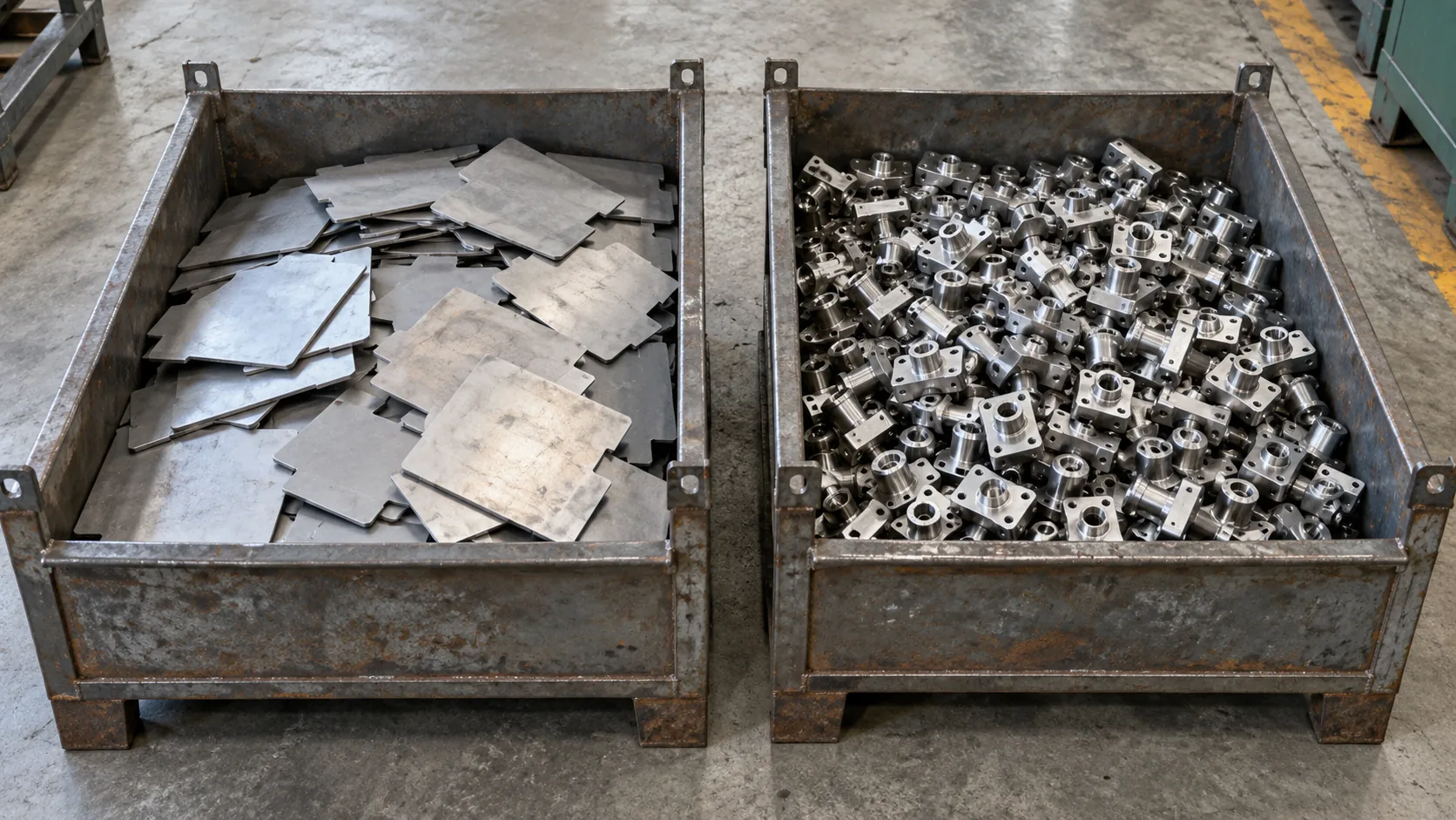 Two open steel bins on a factory floor, one with raw metal blanks and one with finished parts
