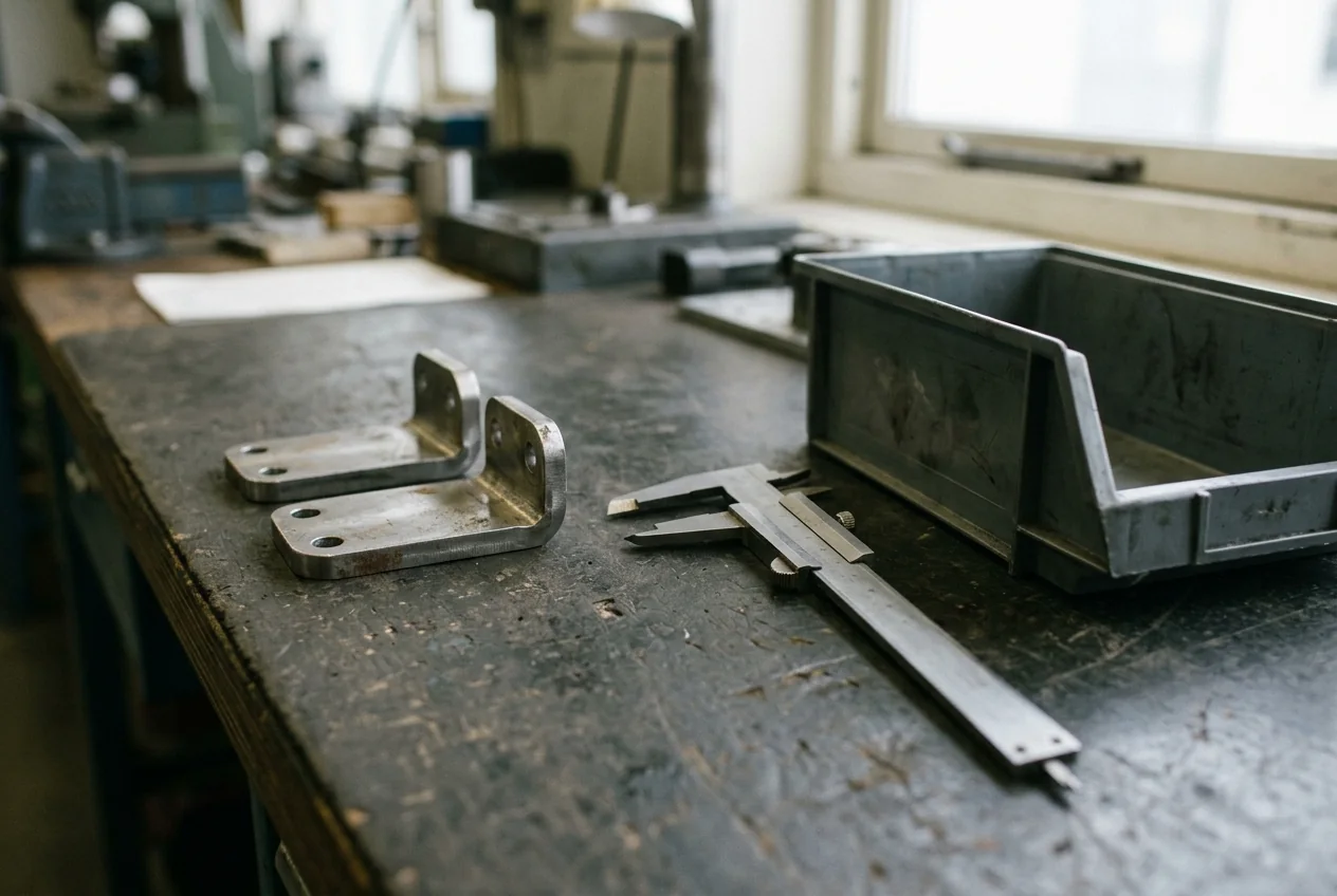 Metal brackets, a plain caliper and an empty parts tray on a worn inspection bench