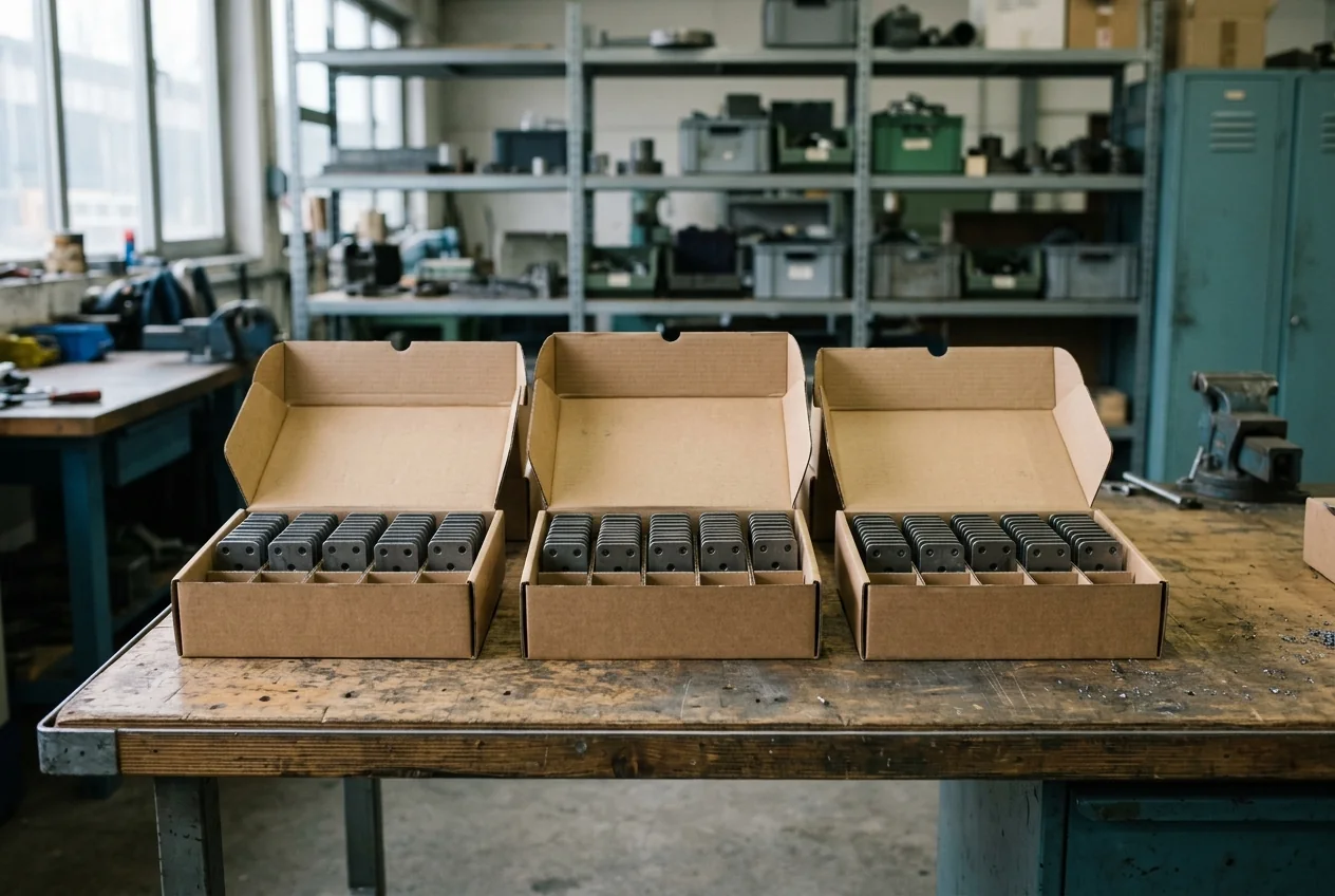 Open plain cartons containing similar metal brackets on a warehouse receiving bench