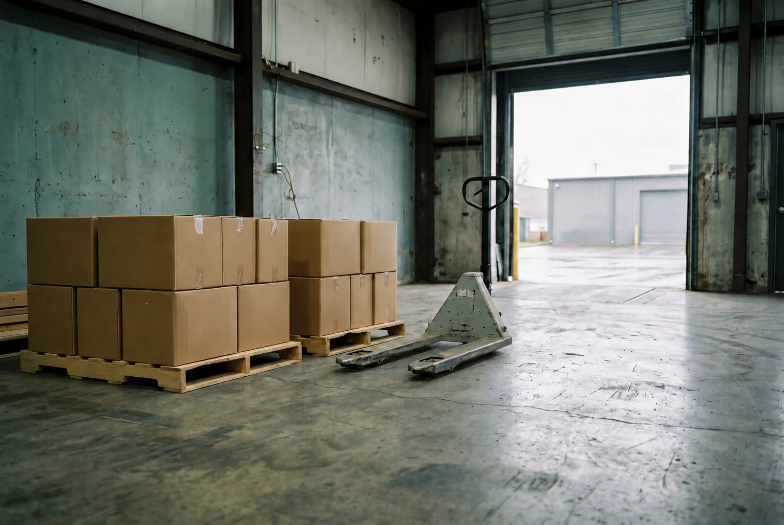 Plain cartons on pallets and a pallet jack beside an open warehouse loading door