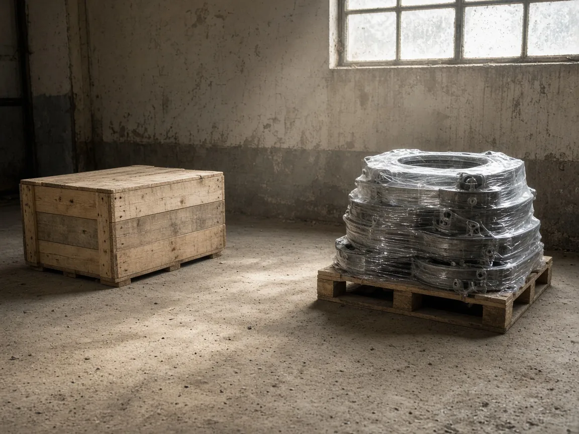 A plain wooden crate and shrink-wrapped metal parts on a pallet in an empty warehouse