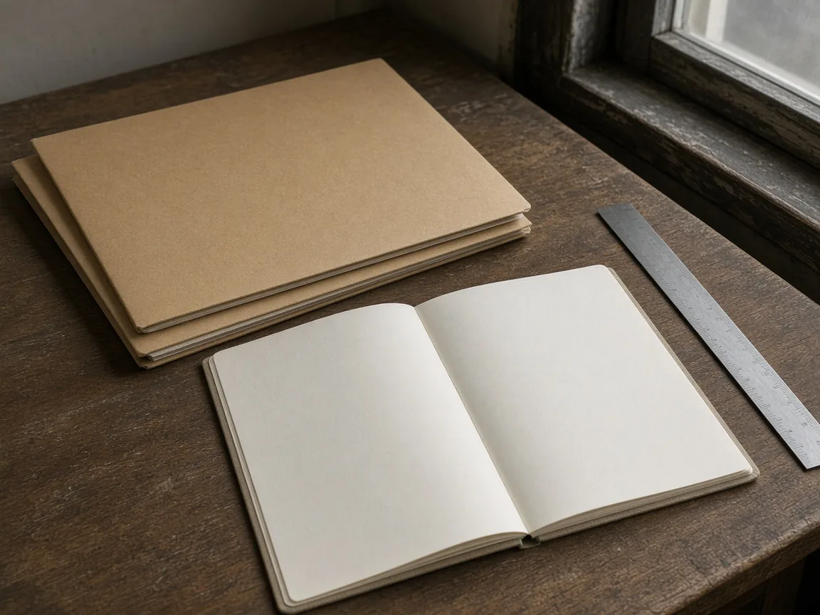 Two closed manila folders, an open notebook with no writing, and a metal ruler on a wooden desk