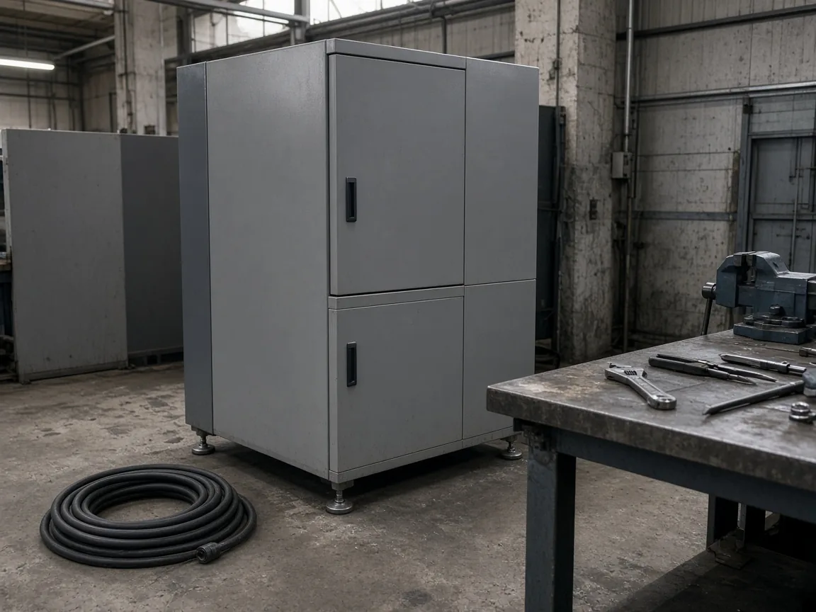 A gray equipment cabinet on a concrete factory floor beside a coiled cable and hand tools
