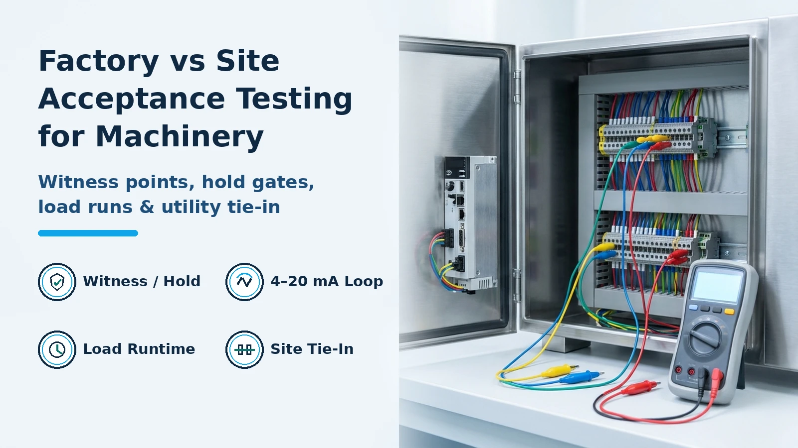 Machinery acceptance testing cover with Witness/Hold, 4-20 mA Loop, Load Runtime, and Site Tie-In badges beside a stainless control cabinet and loop meter