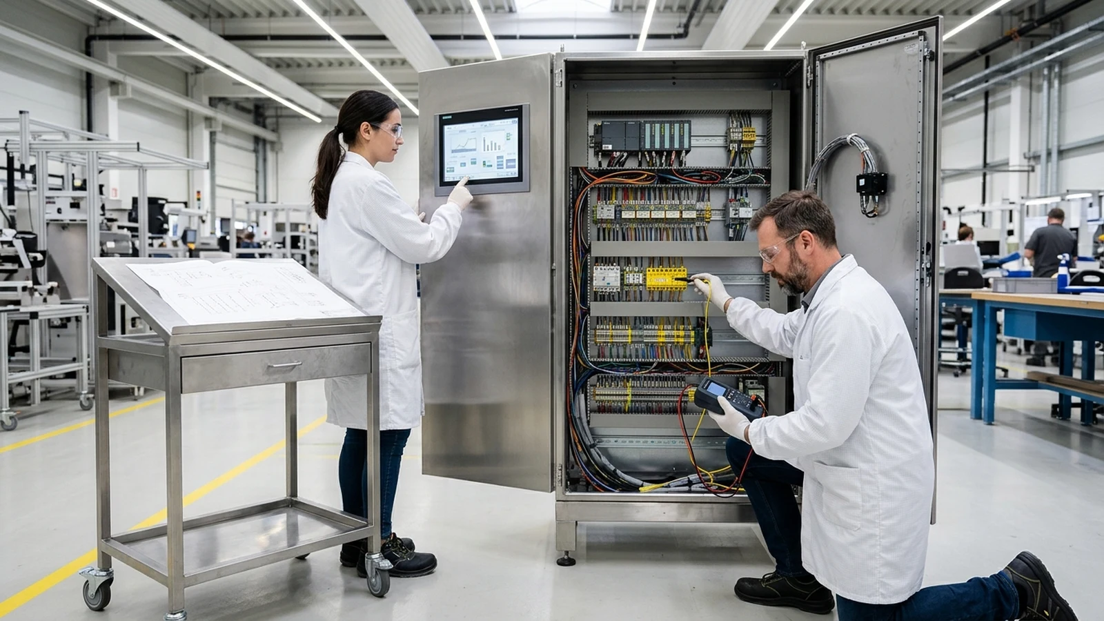 Two commissioning engineers performing Hardware and Software Factory Acceptance Testing (HFAT and SFAT) on an open stainless-steel industrial control panel using a 4-20 mA loop calibrator and door HMI