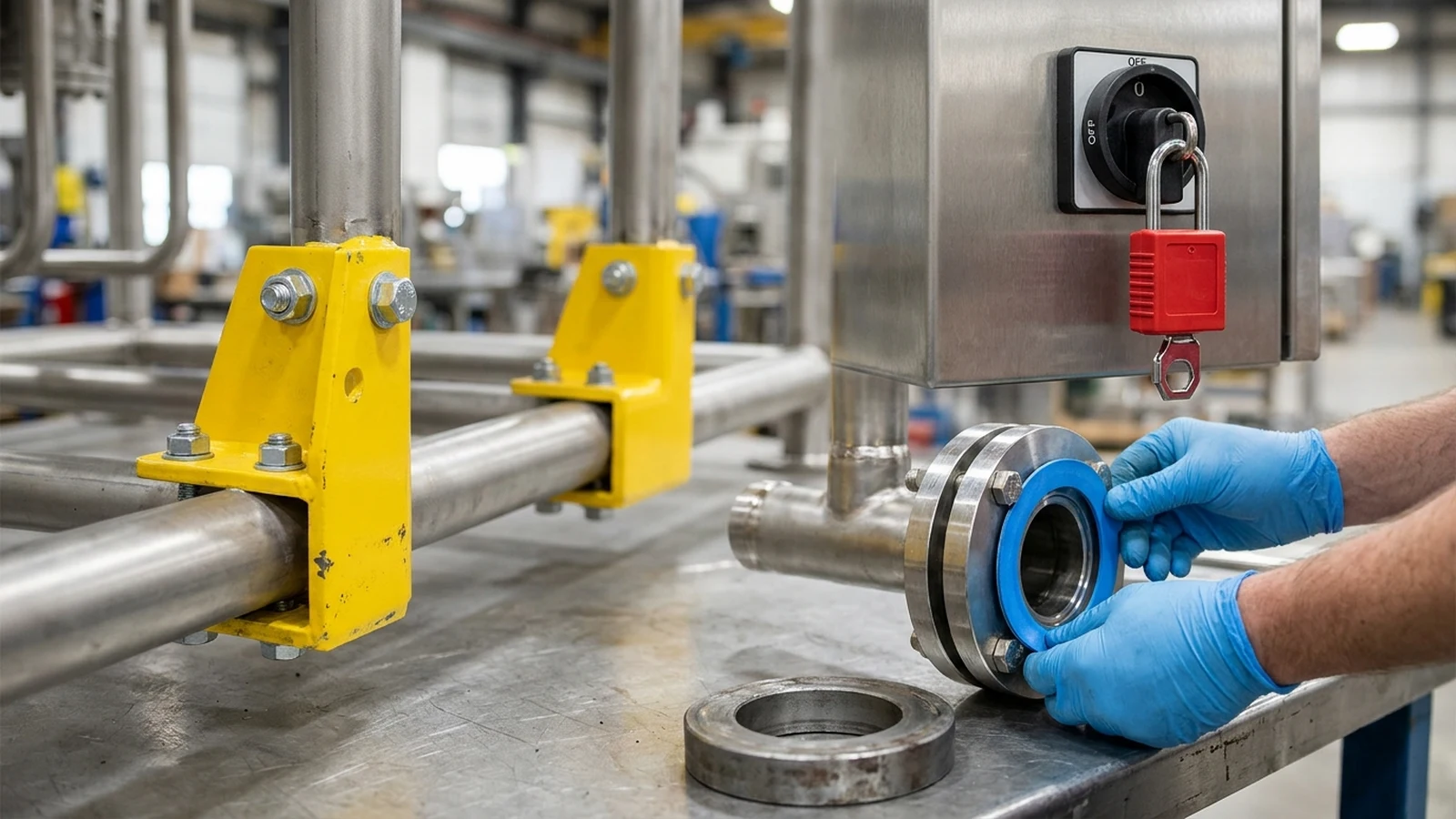 Close-up of pre-shipment Factory Acceptance Test (FAT) machinery preparation showing a permanent blue PTFE service gasket being installed in a stainless flange, bolted yellow transport bracing locks, and a rotary disconnect secured with a red lockout padlock