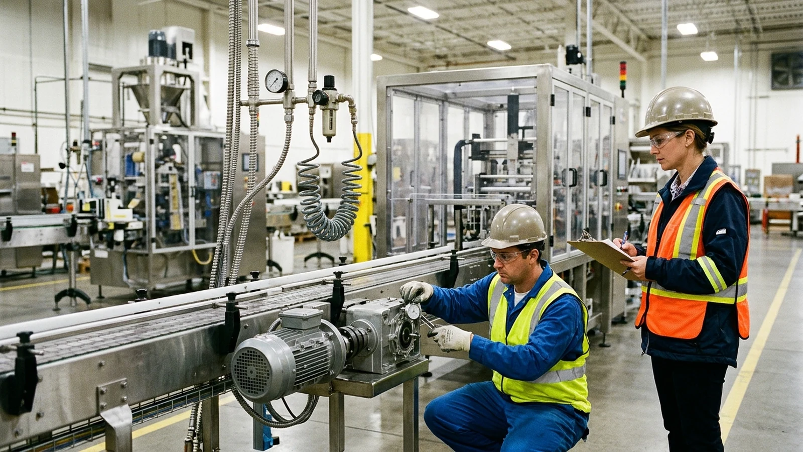 Plant commissioning technician checking motor shaft coupling alignment with a dial indicator while a plant engineer reviews a Site Acceptance Test (SAT) punch list beside overhead compressed air and electrical drops
