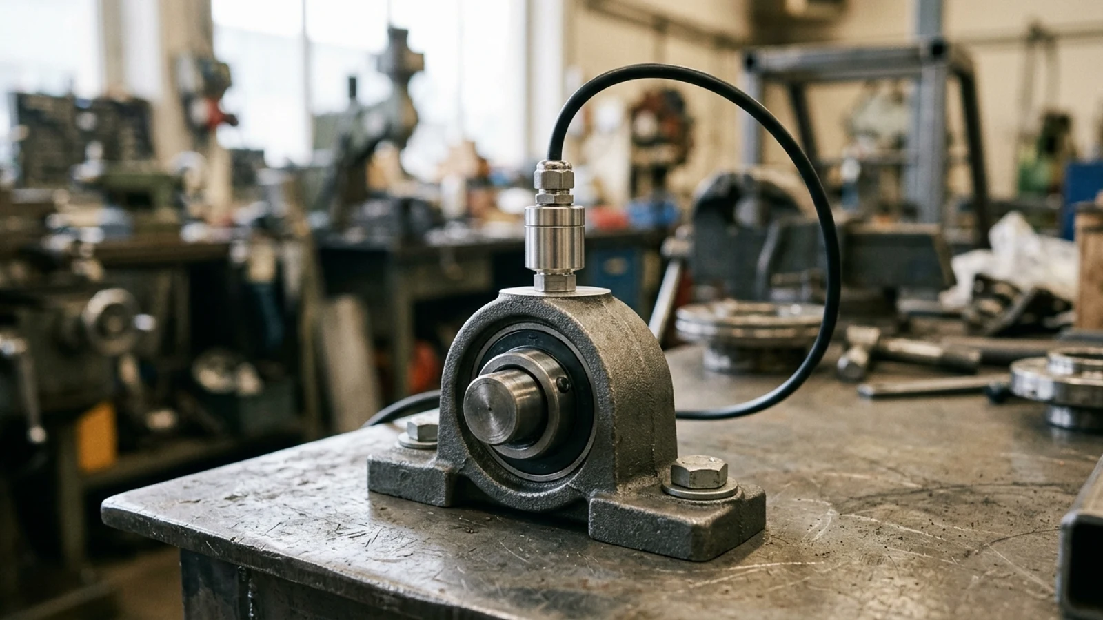 Vibration transducer mounted on a flat pad atop a bearing housing, with a cable looping away