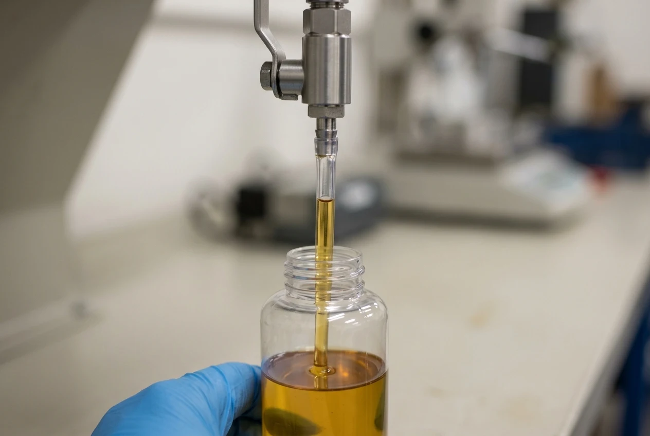 Amber oil collected through short clear tubing below an unmarked metal valve into a bottle steadied by a blue-gloved hand