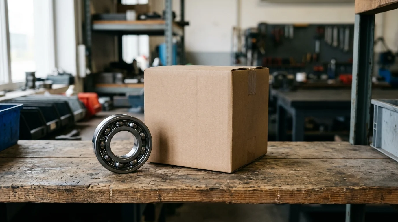Unmarked spare ball bearing beside a plain closed cardboard box on a wooden workshop shelf