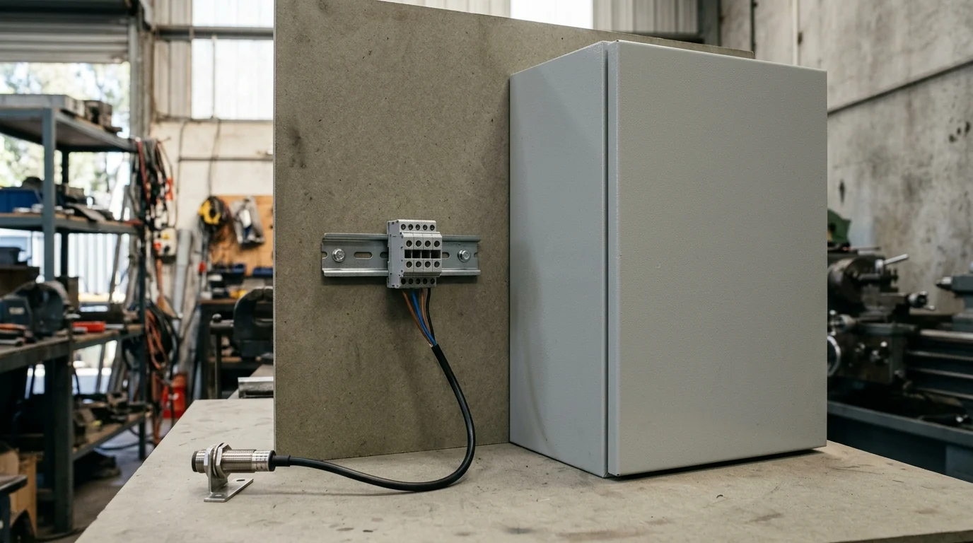 Sensor cable terminating at an external terminal block beside a closed plain metal cabinet, with no cable entering the cabinet