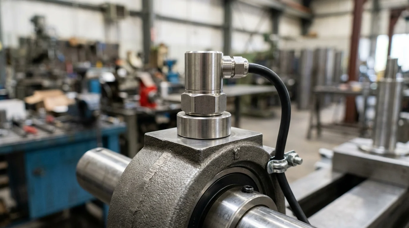 Unmarked cylindrical sensor on a round base contacting a flat pad atop a bearing housing, with its cable clamped to the stationary structure