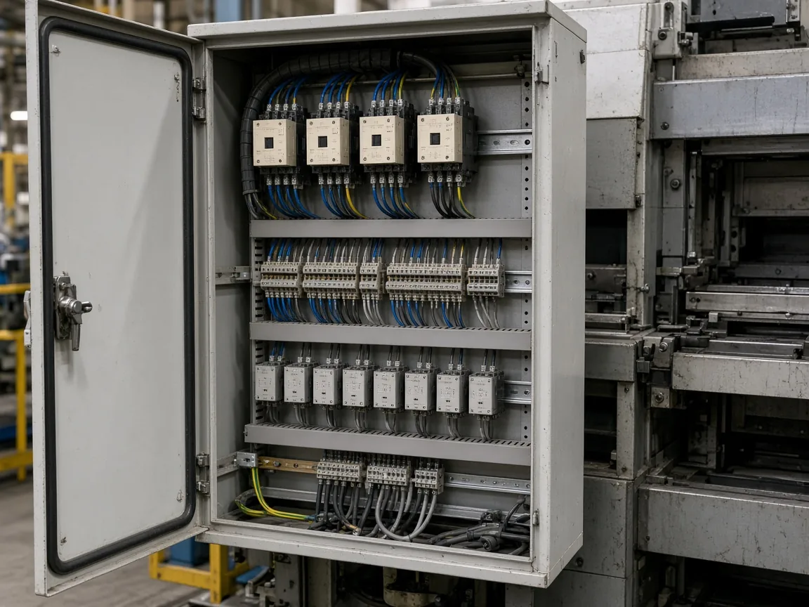 An open gray control cabinet beside a machine, with relays, terminal blocks and wire bundles, and small labels out of focus