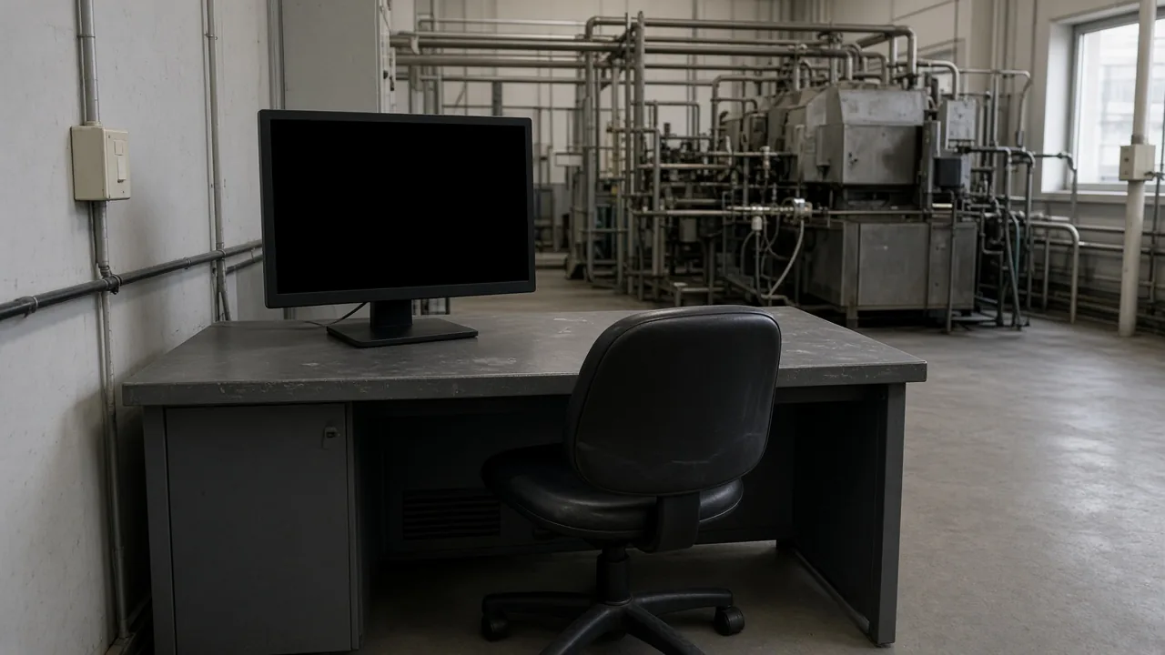 A dark monitor on a metal desk with an empty chair, and factory piping and equipment in the background