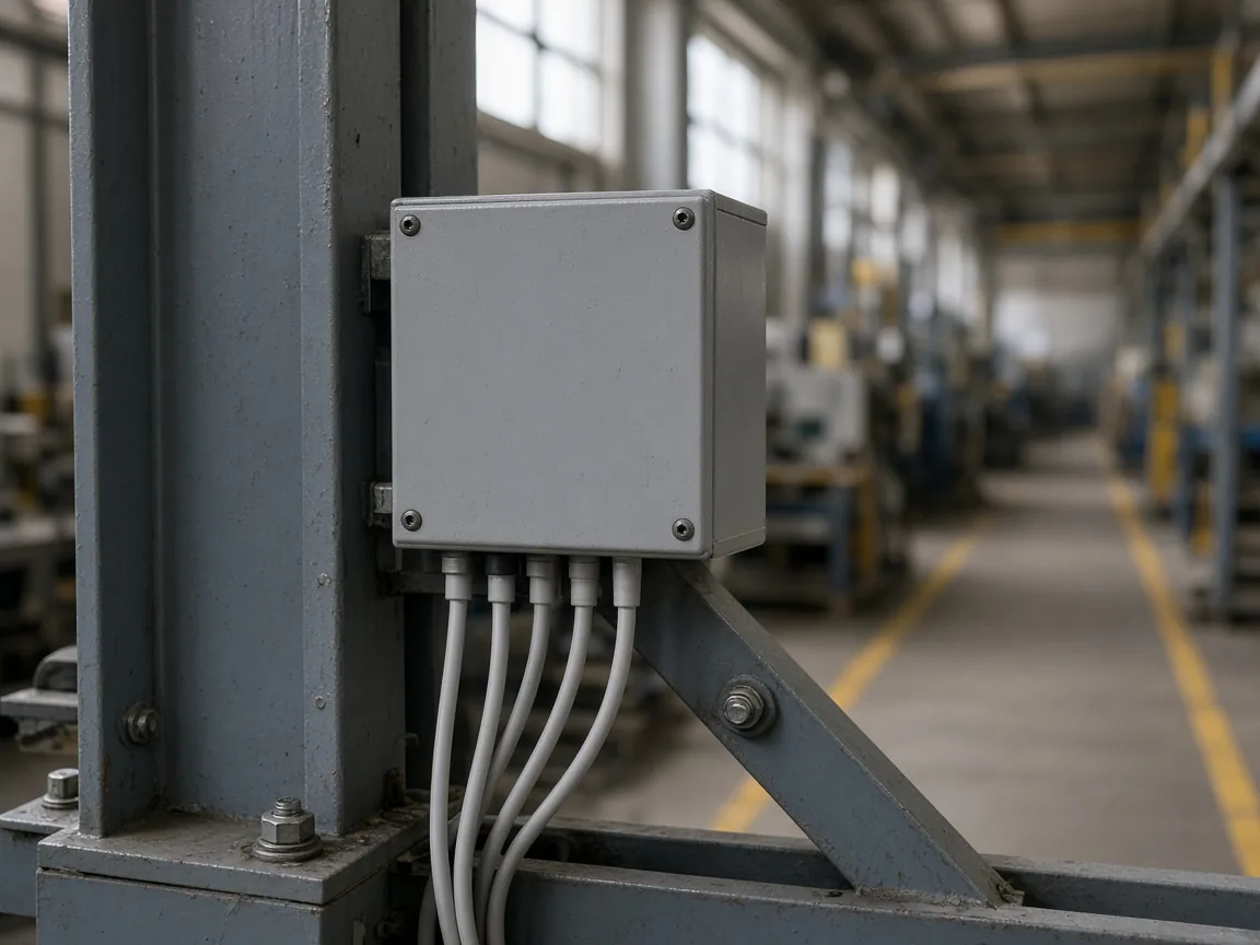 A plain gray metal box with white cables, mounted on a steel frame in a factory aisle