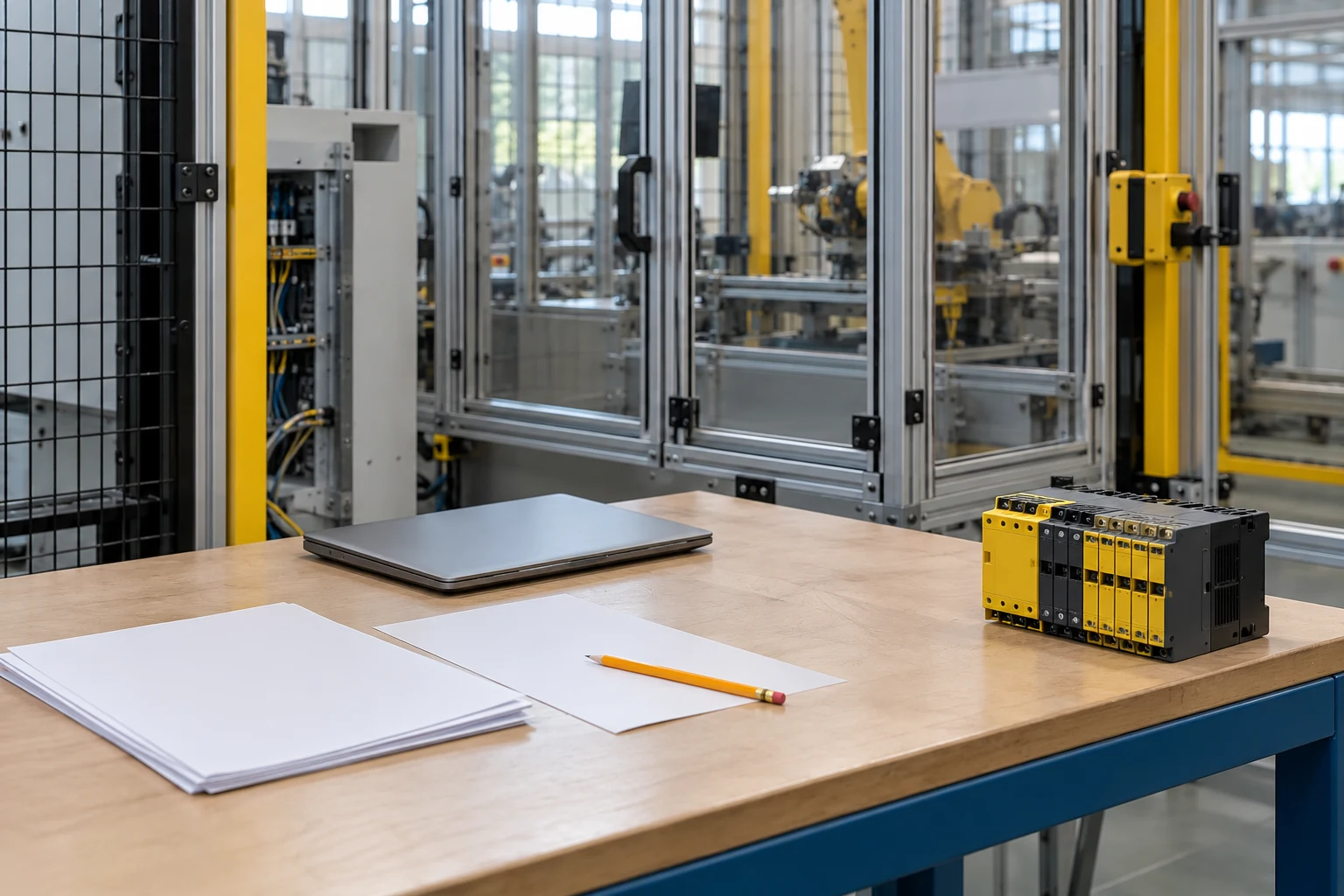 Conceptual illustration of a documentation workbench beside a machine