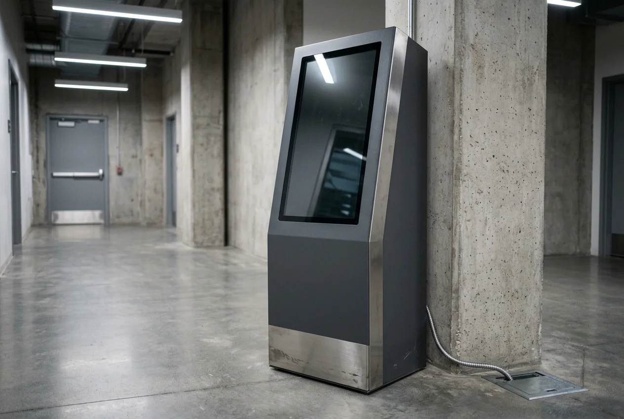 Floor-standing matte-grey and brushed-stainless-steel self-service kiosk beside a concrete pillar in an indoor corridor, with its glass touchscreen powered off and reflecting the ceiling lights