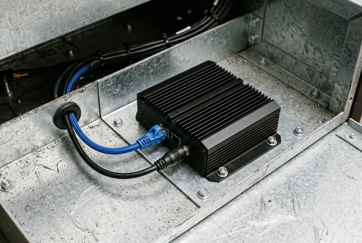 Open lower galvanized-steel service compartment inside a kiosk enclosure showing a black anodized-aluminum fanless mini-PC with a blue braided RJ45 Ethernet cable and a black DC power cord plugged in