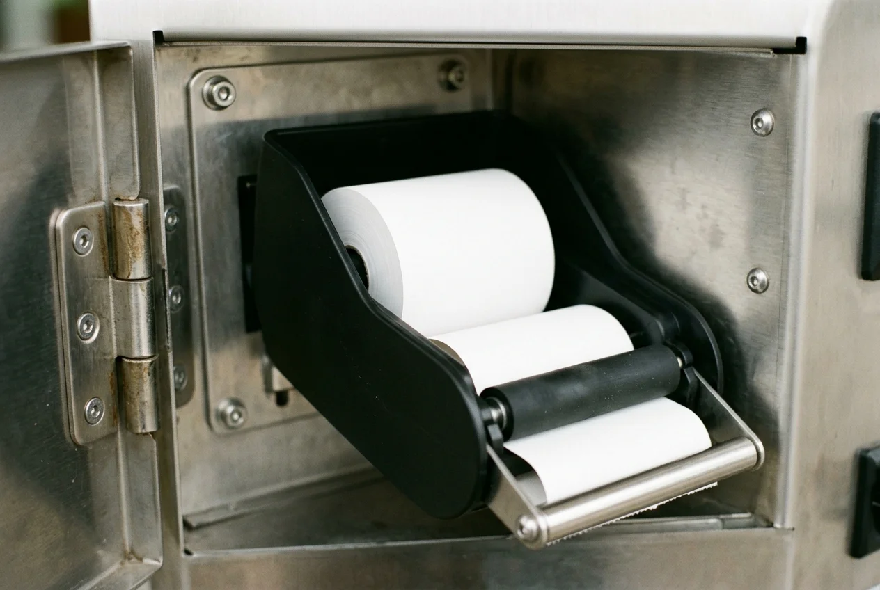 Close-up of an open thermal receipt printer holder inside a brushed-steel kiosk door with a plain blank white paper roll feeding over a black rubber roller