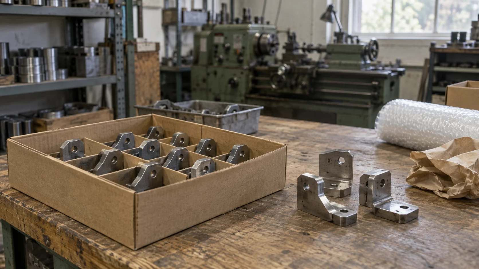 Machined steel brackets in a divided cardboard carton on a wooden bench, with a lathe in the background