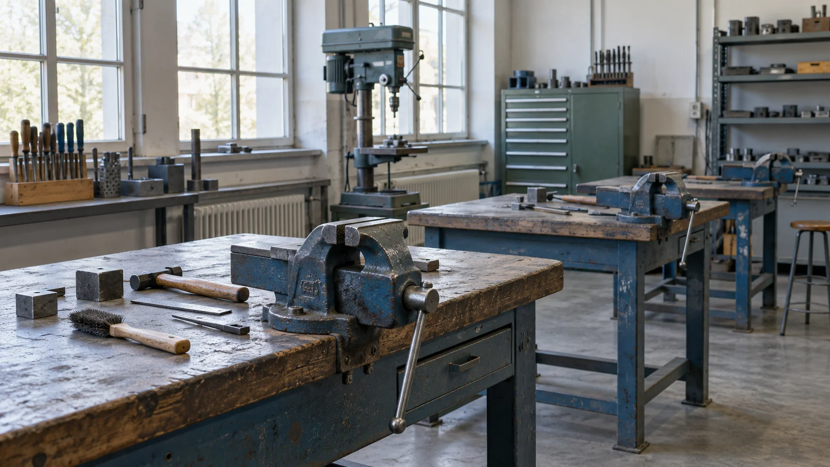 Empty metalworking classroom with bench vises, hand tools, practice blocks and a drill press beside tall windows